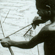A youth aims his arrow at the pool's edge, hoping to shoot one of the larger fish, while a smaller boy watches. Women further out in the water are netting fish.